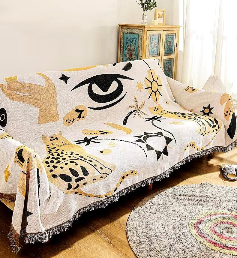 Leopard Furniture Throw, Picnic Blanket, Garden Cotton Knitted Blanket, Unique Gift, Picnic blanket,Double-Sided Use,Housewarming gift.