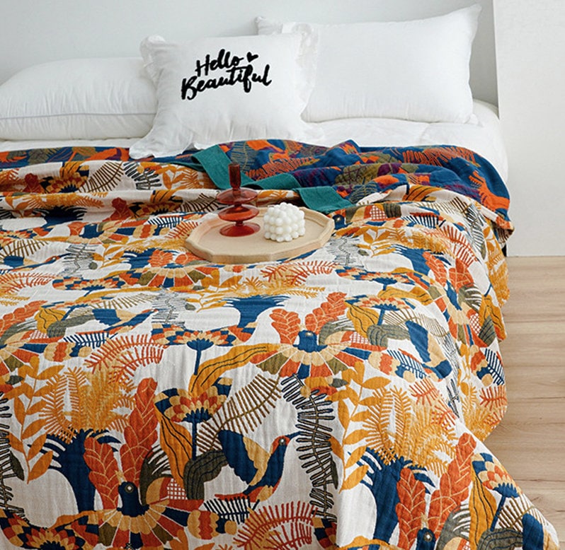 5 Layers Cotton Throw Bed Cover 100% cotton Muslin Woven Sofa Throw Home Decor, Double-sided Bed Throw Blanket, Housewarming gift.