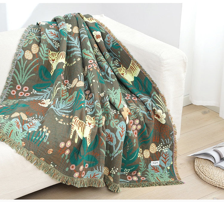 Forest Tiger 6 Layers Cotton Throw Bed Cover 100% cotton Muslin Sofa Throw Boho Decor, Jacquard Bed Throw Blanket, Housewarming gift.