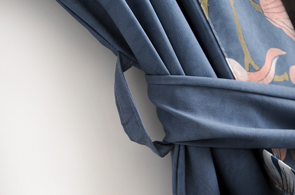 Kimono Boho Vintage Blue Peacock Print Sashes Women Bohemian V Neck Batwing Sleeves Happy Short Robe Kimono Jacket,Gift For Her