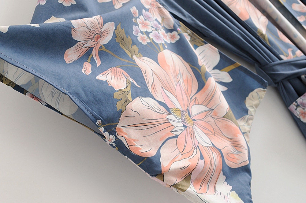 Kimono Boho Vintage Blue Peacock Print Sashes Women Bohemian V Neck Batwing Sleeves Happy Short Robe Kimono Jacket,Gift For Her