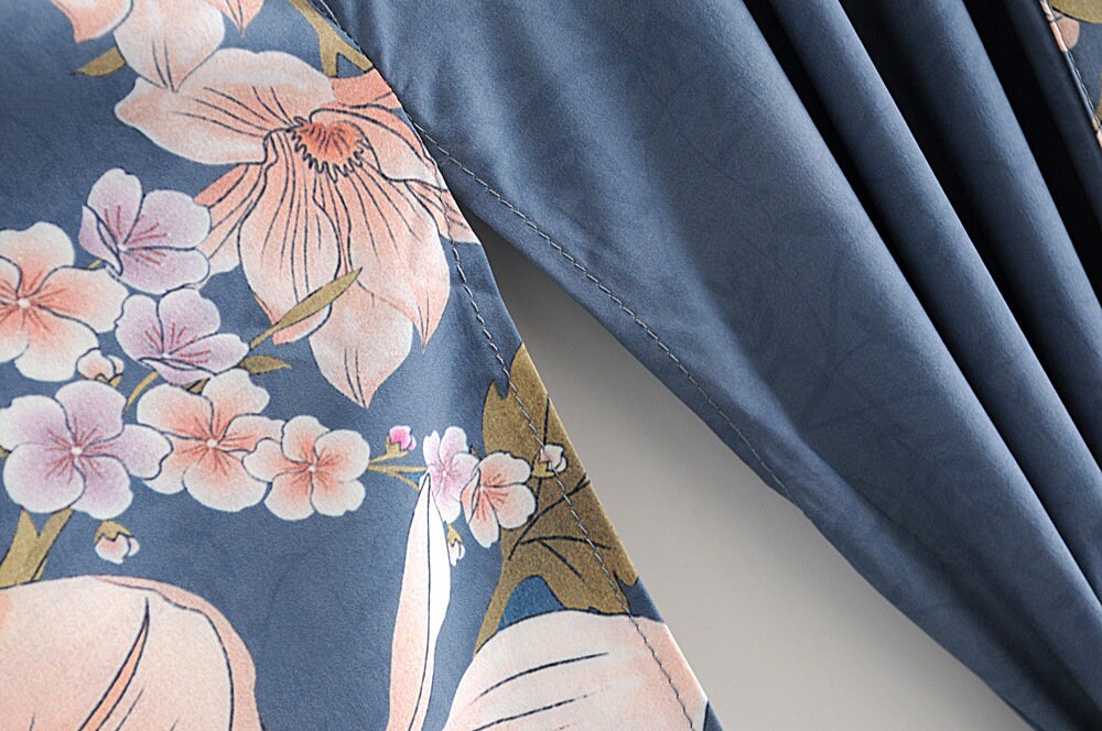 Kimono Boho Vintage Blue Peacock Print Sashes Women Bohemian V Neck Batwing Sleeves Happy Short Robe Kimono Jacket,Gift For Her