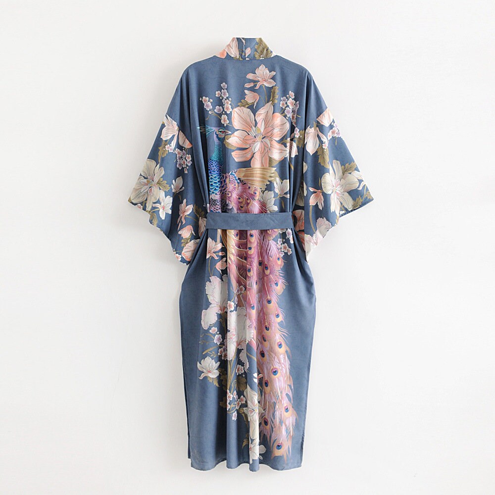 Kimono Boho Vintage Blue Peacock Print Sashes Women Bohemian V Neck Batwing Sleeves Happy Short Robe Kimono Jacket,Gift For Her