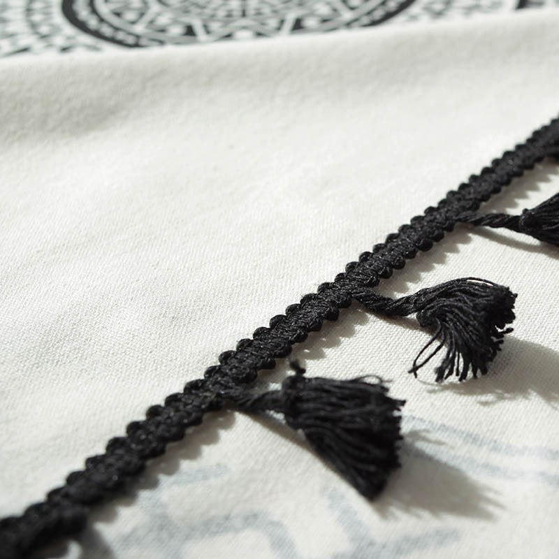 Canvas Print Boho Mandala Tablecloth,black tassel tablecloth,Kitchen, Table Décor,Housewarming gift.