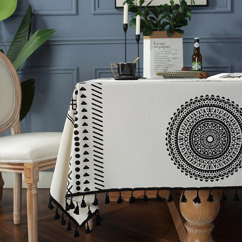Canvas Print Boho Mandala Tablecloth,black tassel tablecloth,Kitchen, Table Décor,Housewarming gift.
