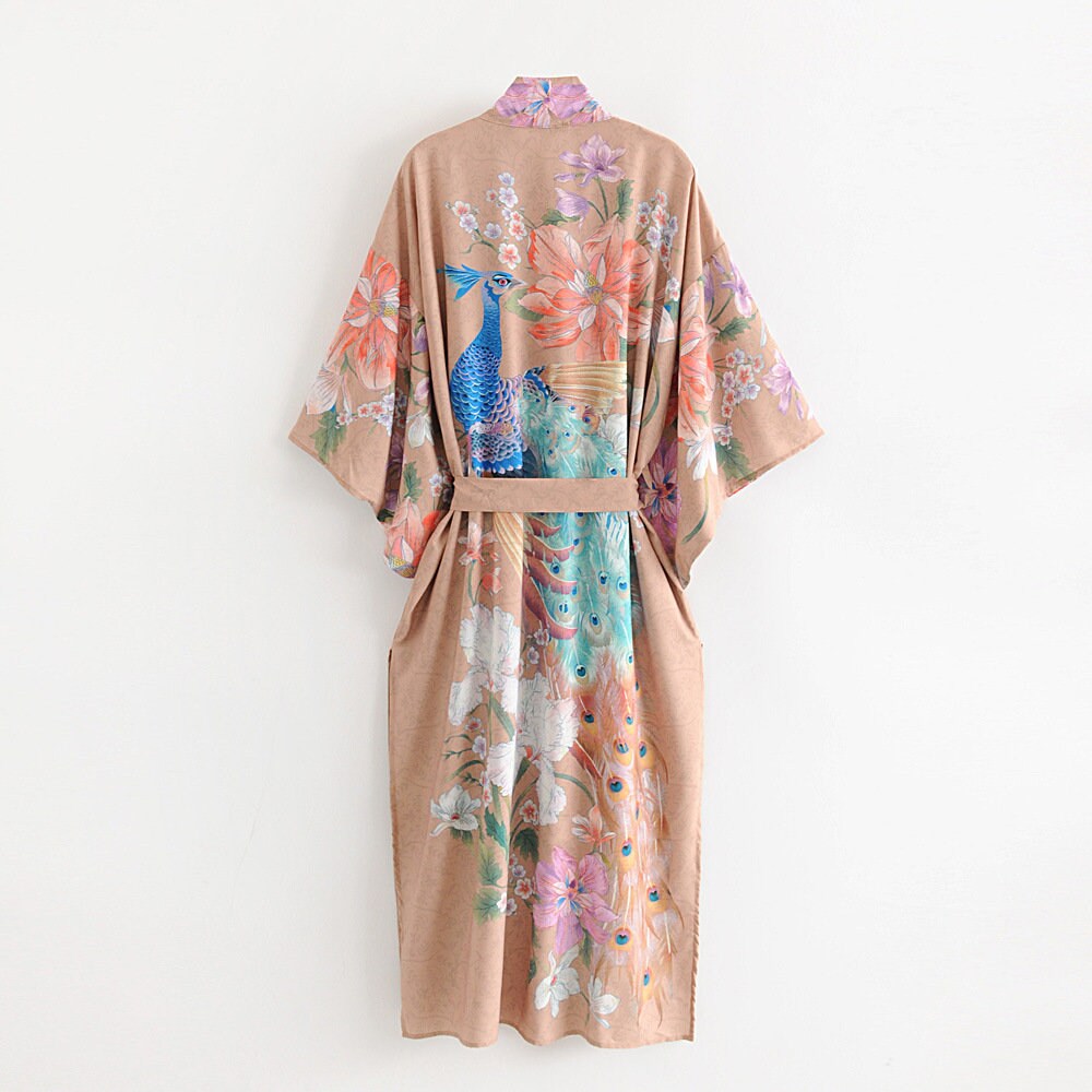 Kimono Boho Vintage peacock print Sashes Women Bohemian V Neck Batwing Sleeves happy long robe Kimono Jacket,gift for her