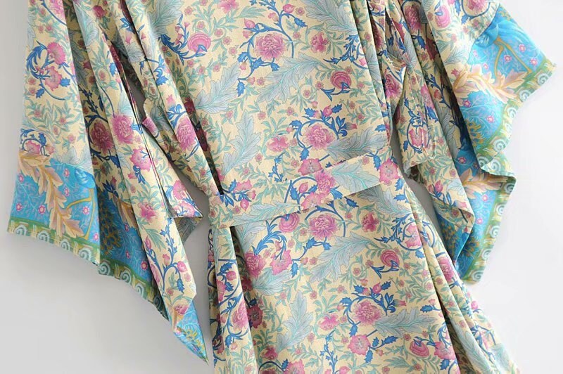 Kimono Boho Vintage cotton phoenix tail print Sashes Women Bohemian V Neck Batwing Sleeves long robe Kimono Jacket,gift for her