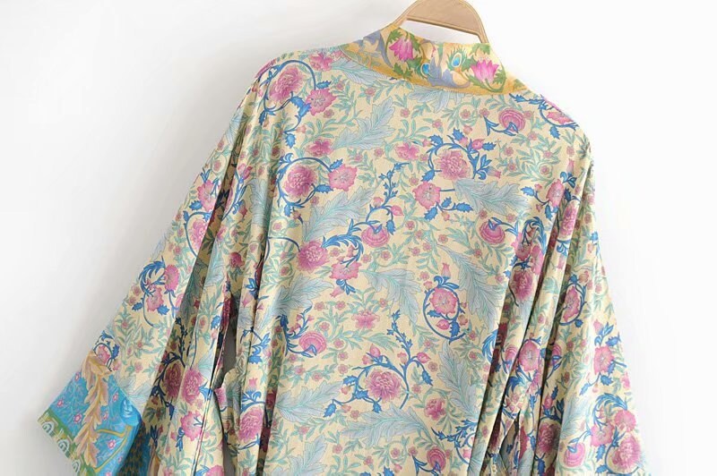 Kimono Boho Vintage cotton phoenix tail print Sashes Women Bohemian V Neck Batwing Sleeves long robe Kimono Jacket,gift for her