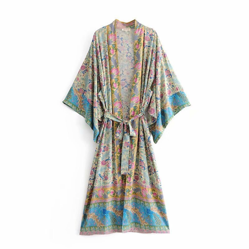 Kimono Boho Vintage cotton phoenix tail print Sashes Women Bohemian V Neck Batwing Sleeves long robe Kimono Jacket,gift for her