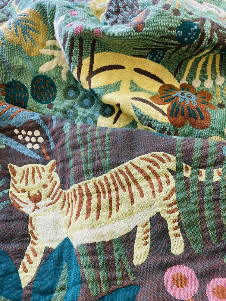 Forest Tiger 6 Layers Cotton Throw Bed Cover 100% cotton Muslin Sofa Throw Boho Decor, Jacquard Bed Throw Blanket, Housewarming gift.