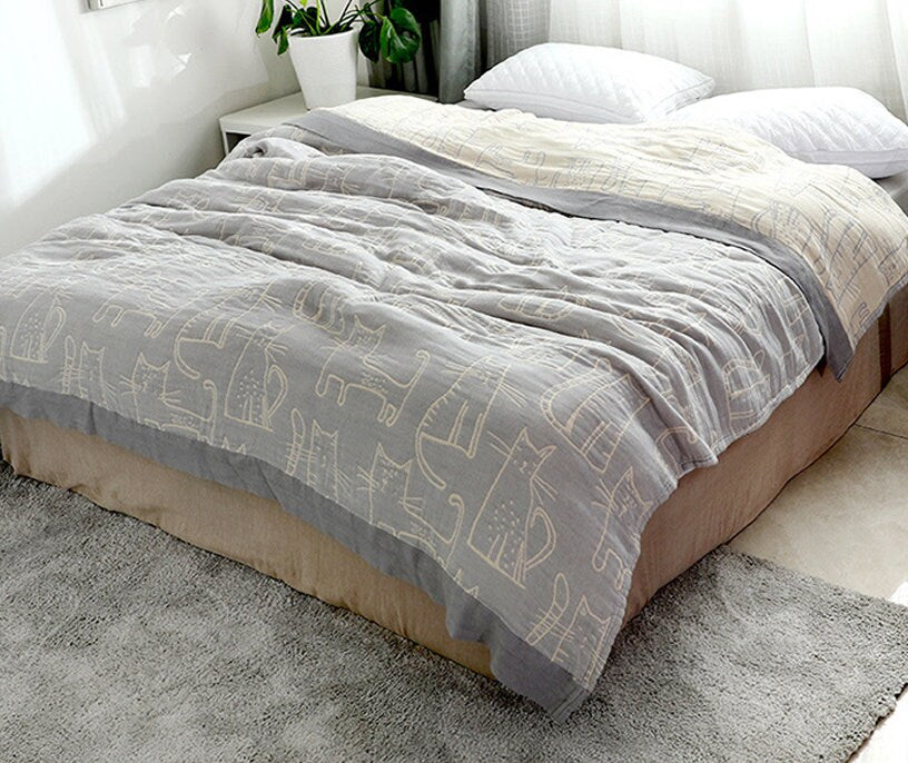 Cute Cat Four Layers Cotton Throw Blanket Cotton Muslin Bedcover Sofa Blanket, Decorative Bed Woven Cotton Blanket, Housewarming Gift.
