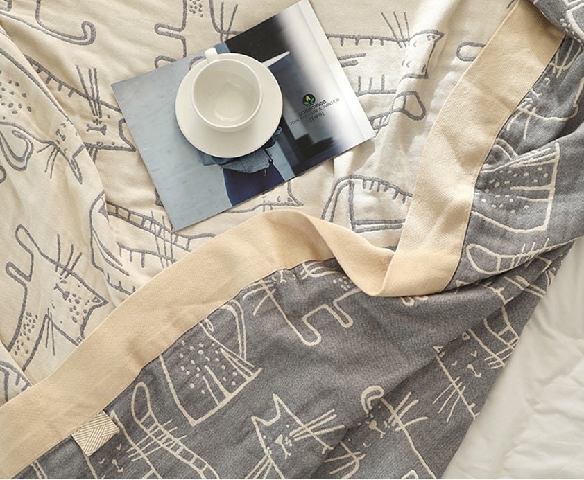 Cute Cat Four Layers Cotton Throw Blanket Cotton Muslin Bedcover Sofa Blanket, Decorative Bed Woven Cotton Blanket, Housewarming Gift.