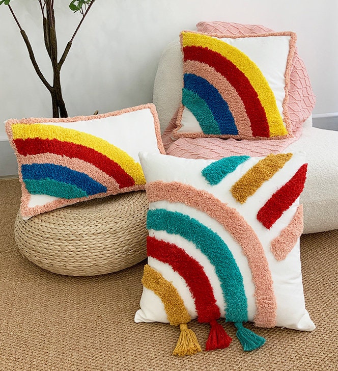 Rainbow Color Stripes Cushion Cover 18" x 18"inch,100% Cotton Tufted Textured Pillow Case,Decorative Tassel Pillows,Housewarming gift.