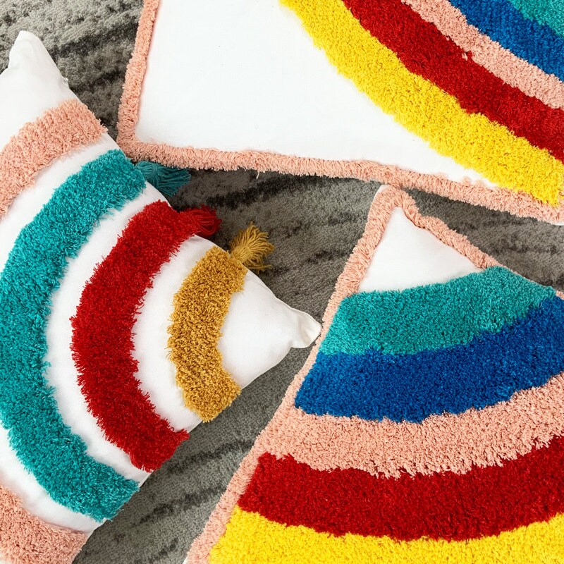 Rainbow Color Stripes Cushion Cover 18" x 18"inch,100% Cotton Tufted Textured Pillow Case,Decorative Tassel Pillows,Housewarming gift.