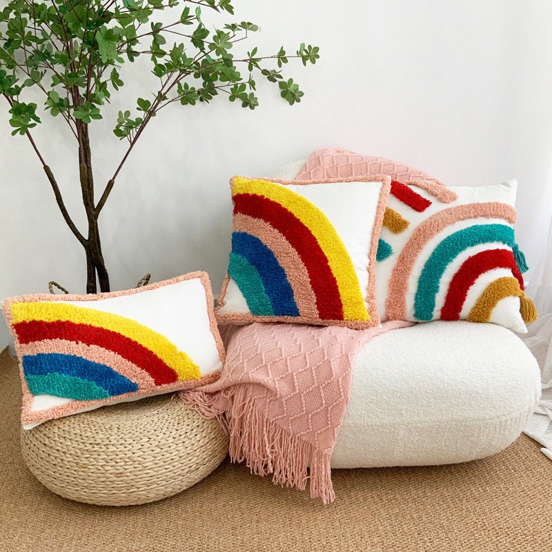 Rainbow Color Stripes Cushion Cover 18" x 18"inch,100% Cotton Tufted Textured Pillow Case,Decorative Tassel Pillows,Housewarming gift.