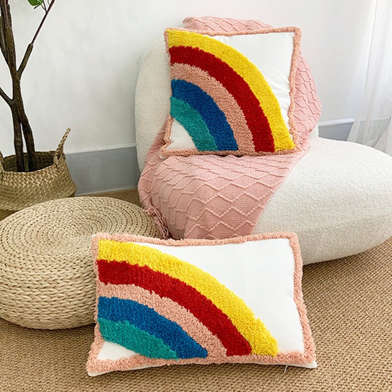 Rainbow Color Stripes Cushion Cover 18" x 18"inch,100% Cotton Tufted Textured Pillow Case,Decorative Tassel Pillows,Housewarming gift.
