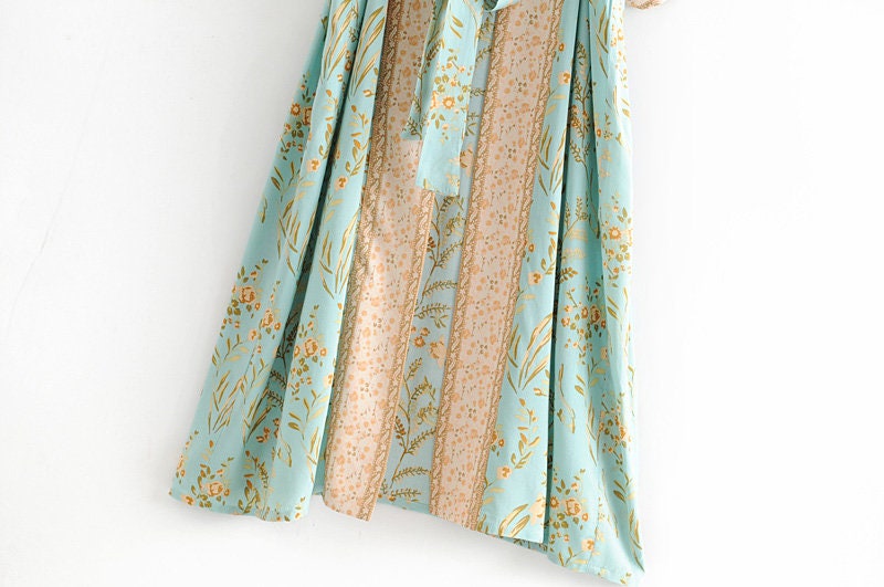 Flower Print Loose Open Front Soft long kimono cardigans,Vintage Boho Floral Print Summer Tops Belted Beachwear ,shawl for women