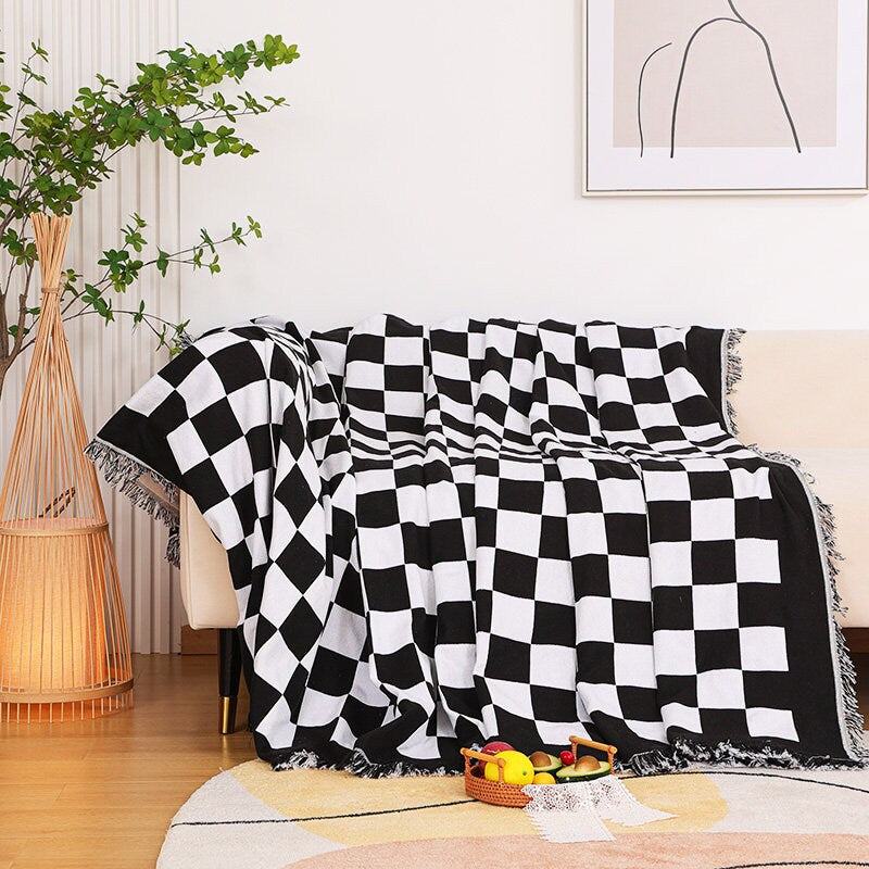 Checkerboard Pattern Black Sofa Cloth Decorative Sofa Cover,Double-Sided Use Sofa Throw Blanket,large size, Gift for Home