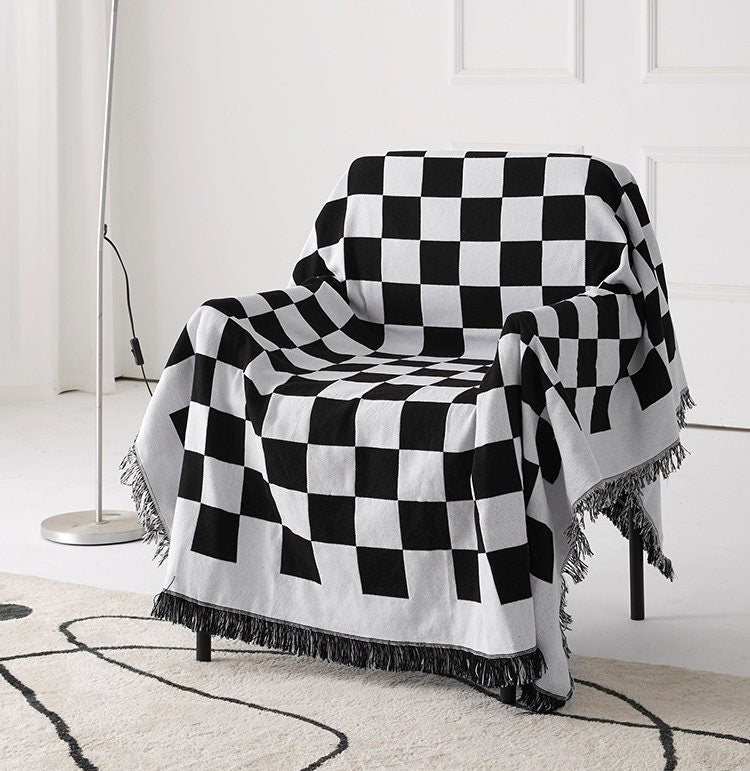 Checkerboard Pattern Black Sofa Cloth Decorative Sofa Cover,Double-Sided Use Sofa Throw Blanket,large size, Gift for Home