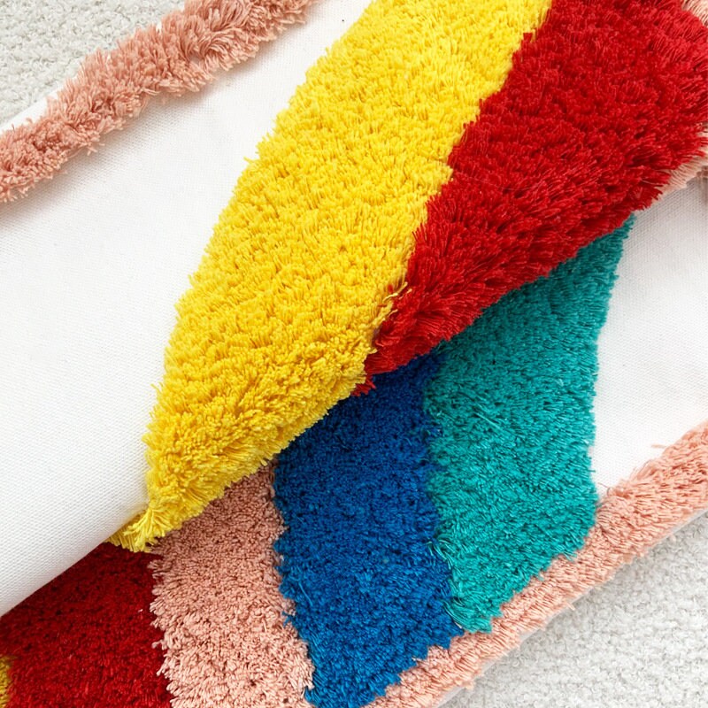 Rainbow Color Stripes Cushion Cover 18" x 18"inch,100% Cotton Tufted Textured Pillow Case,Decorative Tassel Pillows,Housewarming gift.