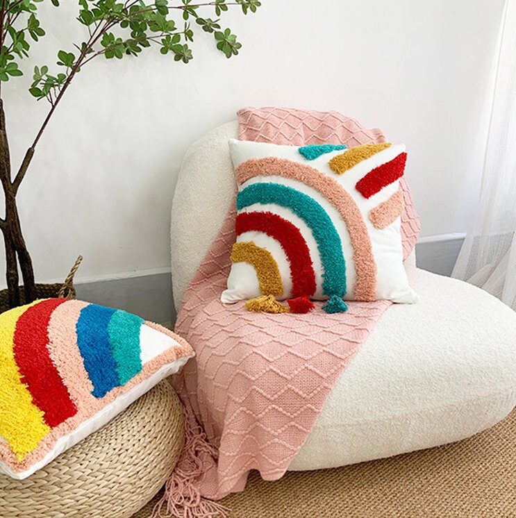 Rainbow Color Stripes Cushion Cover 18" x 18"inch,100% Cotton Tufted Textured Pillow Case,Decorative Tassel Pillows,Housewarming gift.