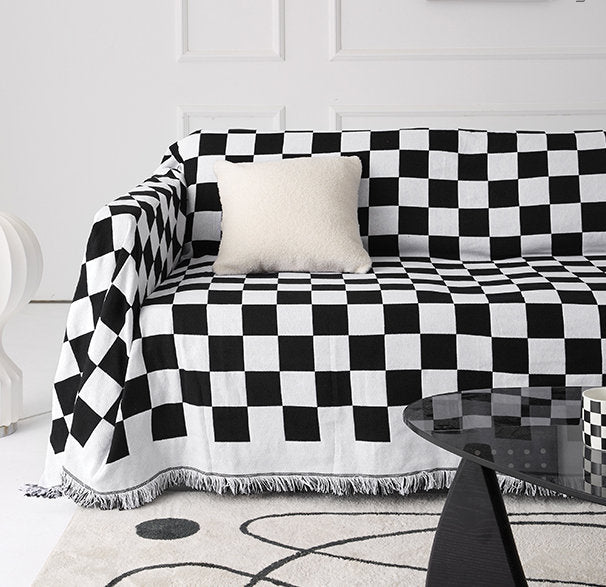 Checkerboard Pattern Black Sofa Cloth Decorative Sofa Cover,Double-Sided Use Sofa Throw Blanket,large size, Gift for Home