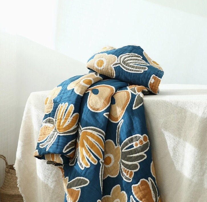 Five Layers Cotton Blanket 100% cotton bedcover Sofa Blanket,Yellow Edging Decorative Bed Woven Cotton Blanket,Housewarming gift.