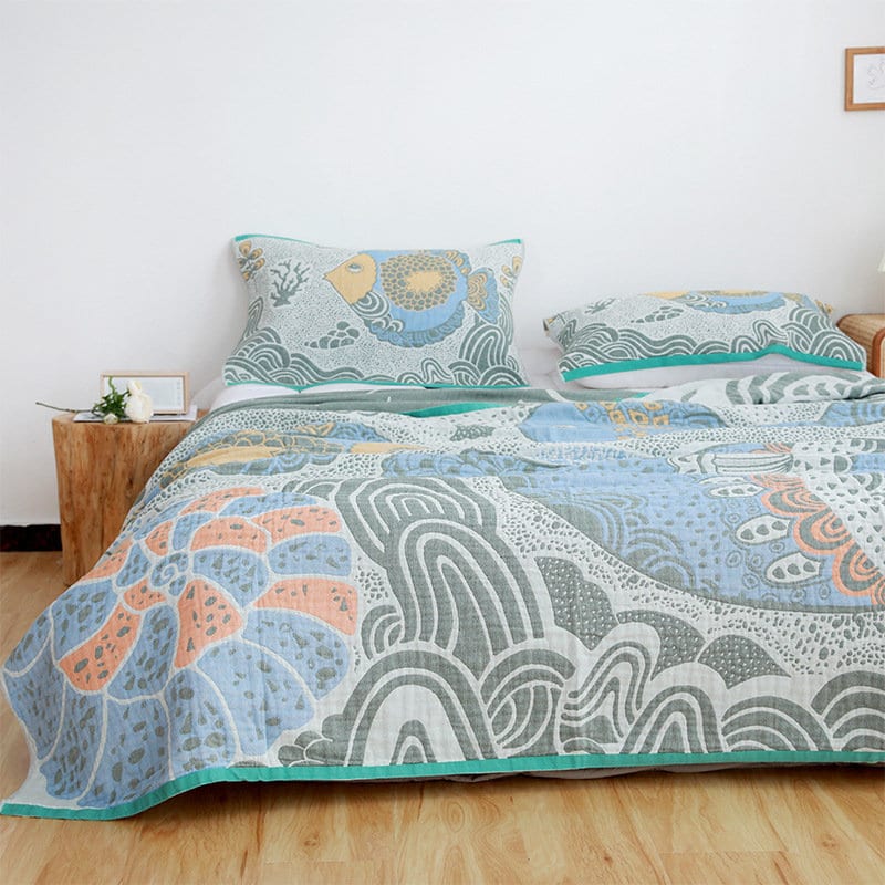 Cartoon whale four layers cotton blanket 100% cotton, Bedcover sofa blanket, Bedspread nap blanket cotton throw,Gift for Home, Decor