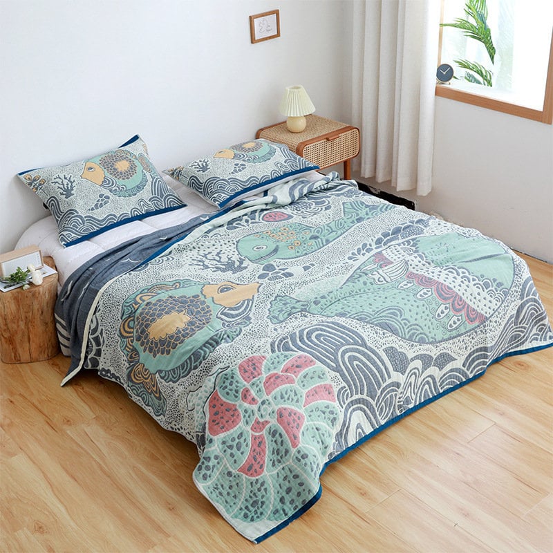 Cartoon whale four layers cotton blanket 100% cotton, Bedcover sofa blanket, Bedspread nap blanket cotton throw,Gift for Home, Decor