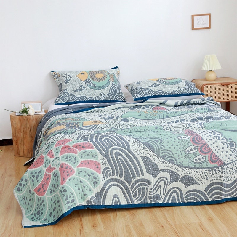 Cartoon whale four layers cotton blanket 100% cotton, Bedcover sofa blanket, Bedspread nap blanket cotton throw,Gift for Home, Decor