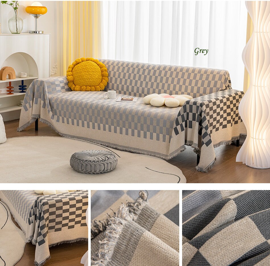 Checkerboard chenille jacquard tassels bedcover sofa blanket, Couch bedspread nap blanket throw,Gift for home, Decor home