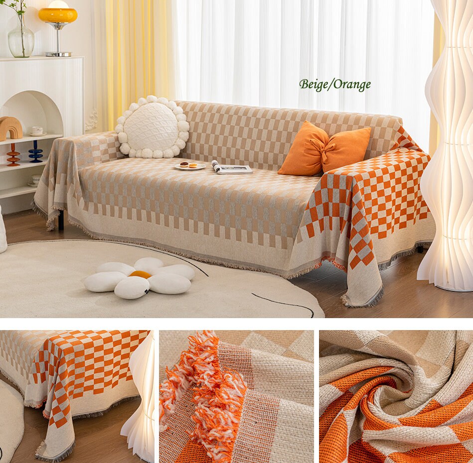 Checkerboard chenille jacquard tassels bedcover sofa blanket, Couch bedspread nap blanket throw,Gift for home, Decor home