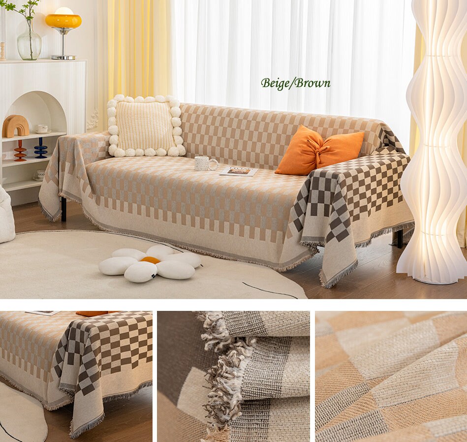 Checkerboard chenille jacquard tassels bedcover sofa blanket, Couch bedspread nap blanket throw,Gift for home, Decor home