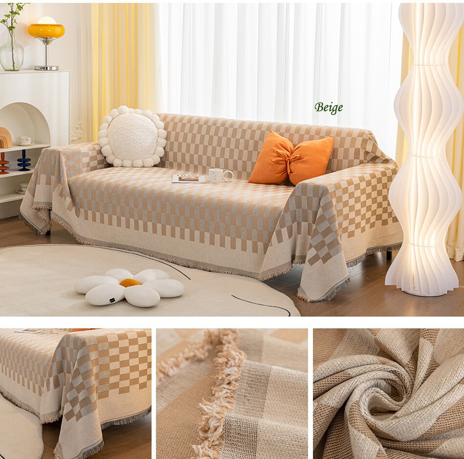 Checkerboard chenille jacquard tassels bedcover sofa blanket, Couch bedspread nap blanket throw,Gift for home, Decor home