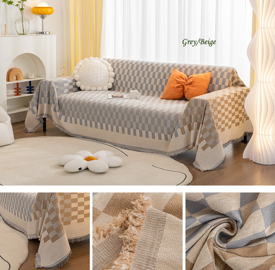 Checkerboard chenille jacquard tassels bedcover sofa blanket, Couch bedspread nap blanket throw,Gift for home, Decor home