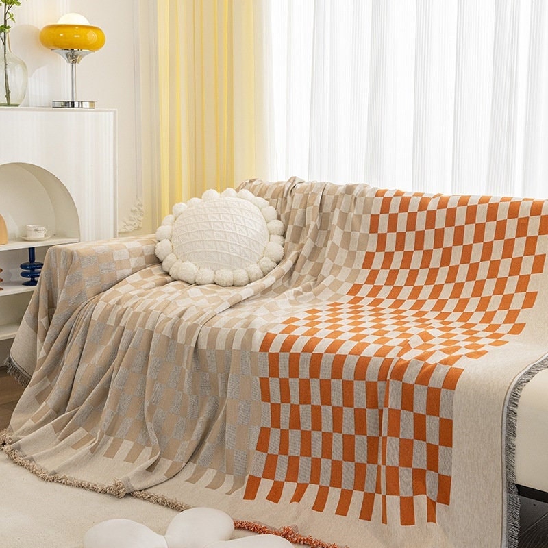 Checkerboard chenille jacquard tassels bedcover sofa blanket, Couch bedspread nap blanket throw,Gift for home, Decor home