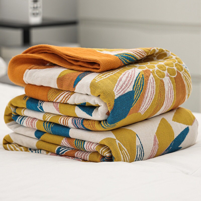 Sunflower Four Layers Cotton Throw Blanket Cotton Muslin Bedcover Sofa Blanket, Decorative Bed Woven Cotton Blanket, Housewarming Gift.