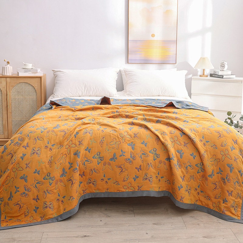 Yellow 6 Layers Cotton Butterfly Jacquard woven Throw Bed Cover 79x90" Sweet style Decor,Double-sided Bed Throw,Housewarming gift.