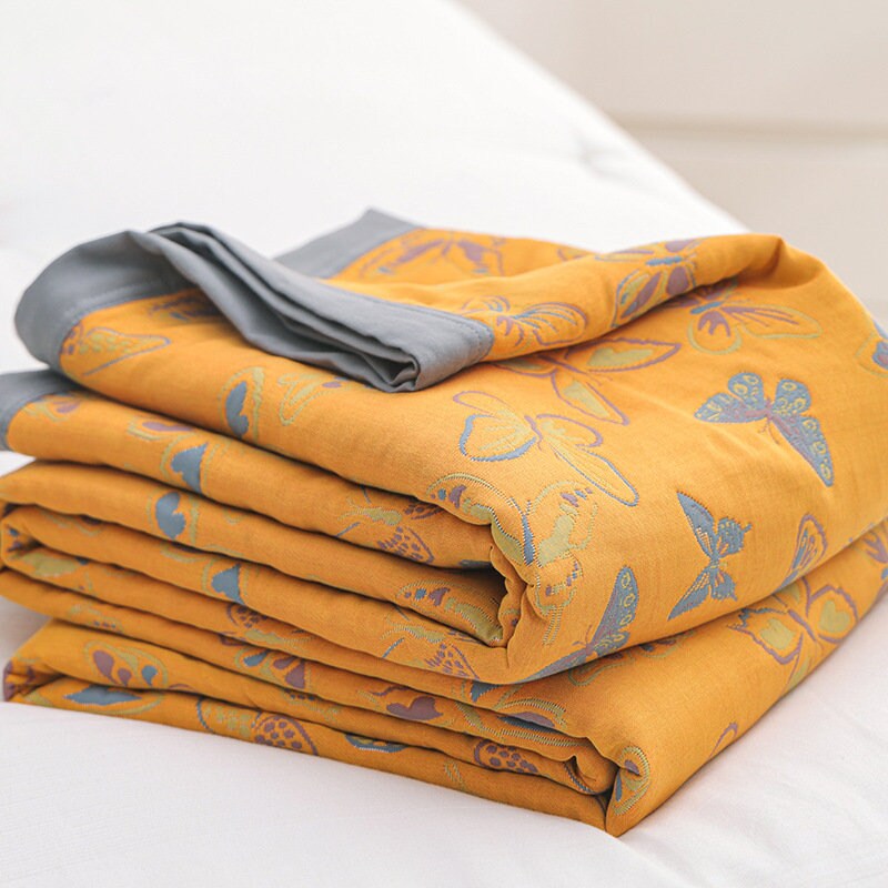 Yellow 6 Layers Cotton Butterfly Jacquard woven Throw Bed Cover 79x90" Sweet style Decor,Double-sided Bed Throw,Housewarming gift.