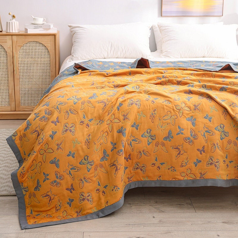 Yellow 6 Layers Cotton Butterfly Jacquard woven Throw Bed Cover 79x90" Sweet style Decor,Double-sided Bed Throw,Housewarming gift.
