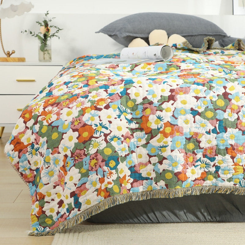 Five Layers Cotton Blanket 100% Cotton Bedcover Sofa Blanket,Throw with Tassels Bed Woven Cotton Blanket,Home Decor