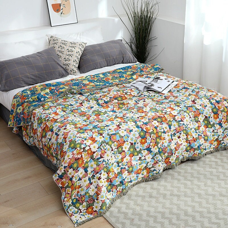 Five Layers Cotton Blanket 100% Cotton Bedcover Sofa Blanket,Throw with Tassels Bed Woven Cotton Blanket,Home Decor