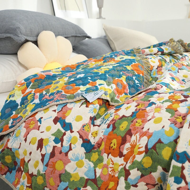 Five Layers Cotton Blanket 100% Cotton Bedcover Sofa Blanket,Throw with Tassels Bed Woven Cotton Blanket,Home Decor