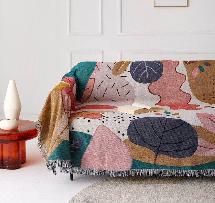 Cartoon leaves jacquard woven blankets, Sofa Blanket, Picnic blanket,Beach blanke,Double-Sided Use,Housewarming gift.