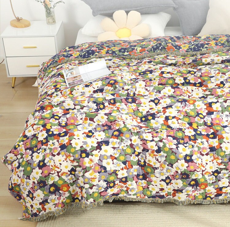 Five Layers Cotton Blanket 100% Cotton Bedcover Sofa Blanket,Throw with Tassels Bed Woven Cotton Blanket,Home Decor