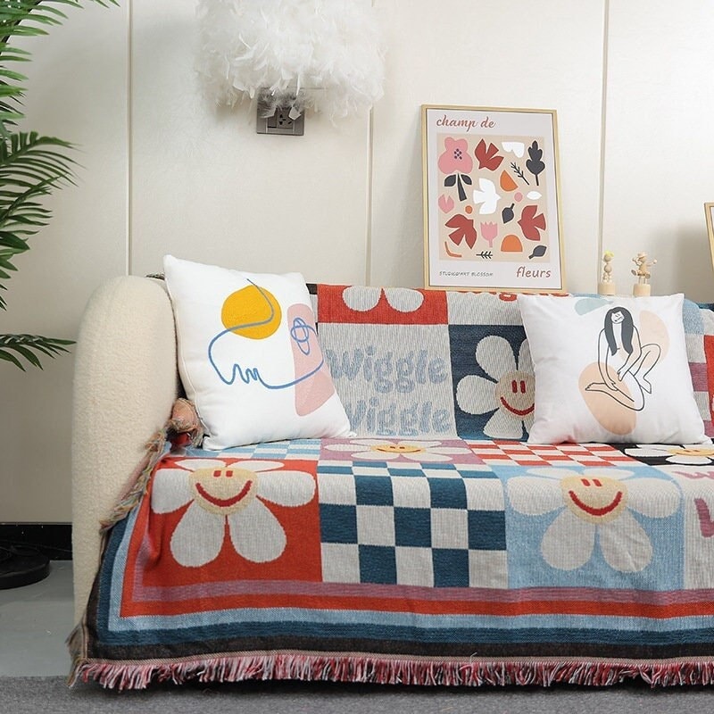 Sun Flower Smiley Face Throw,Wall Art Blanket,Tapestry Blanket, Couch Throw, Cozy Blanket,large size, Gift for Her, Birthday Gift, Decor