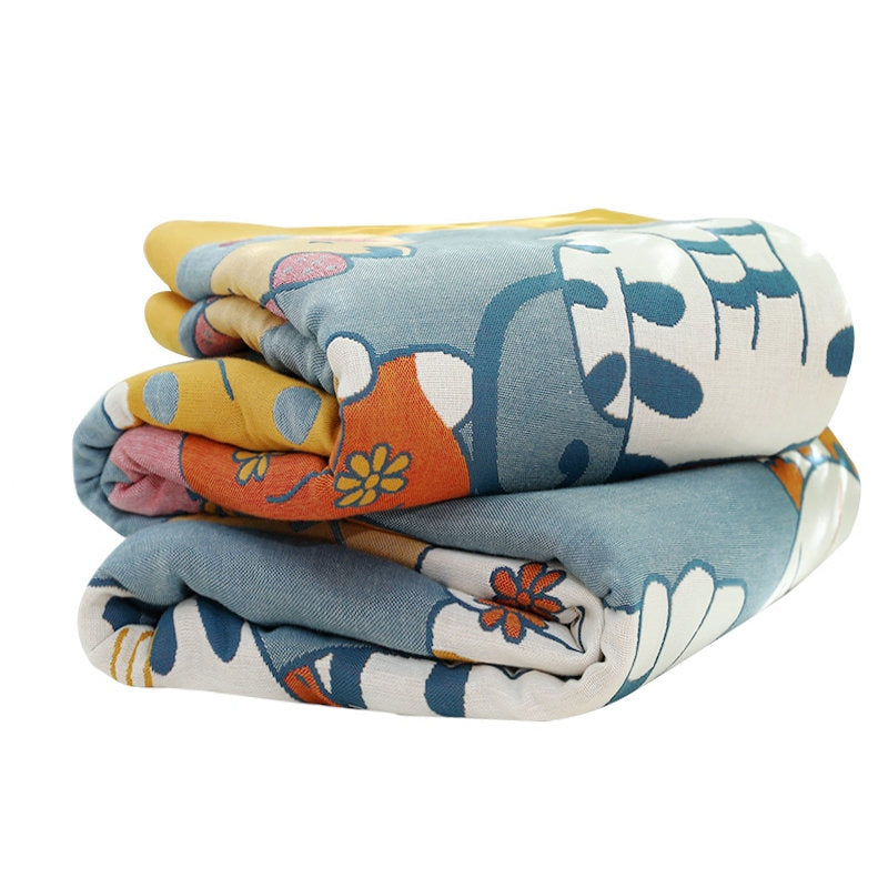 Cute Cat Cotton Throw Blanket Cotton Muslin Bedcover Sofa Blanket, Decorative Bed Woven Cotton Blanket, Housewarming Gift.