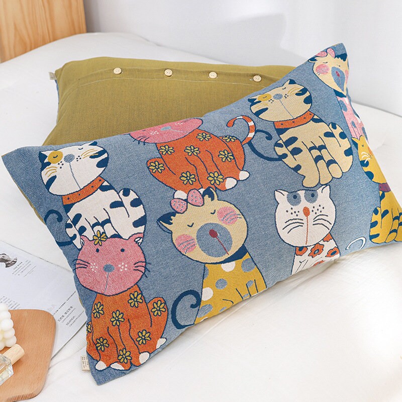 Cute Cat Cotton Throw Blanket Cotton Muslin Bedcover Sofa Blanket, Decorative Bed Woven Cotton Blanket, Housewarming Gift.