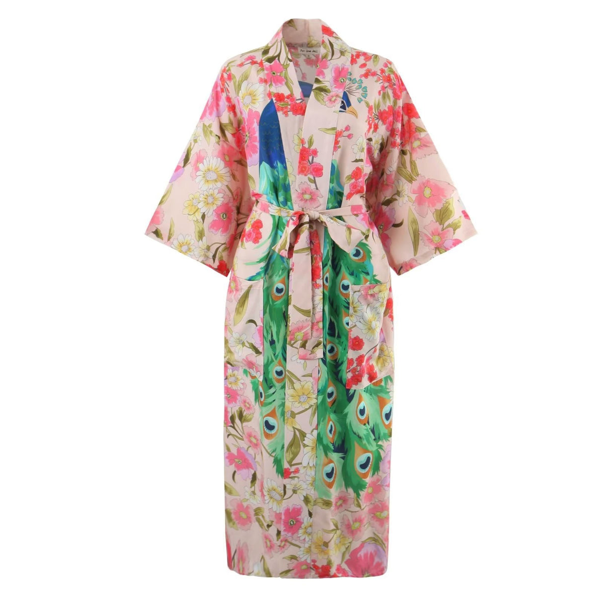 Cotton Kimono Vintage Cotton Peacock Flowers Print Kimono Sashes Women V Neck Batwing Sleeves Robe Kimono,Gift For Her