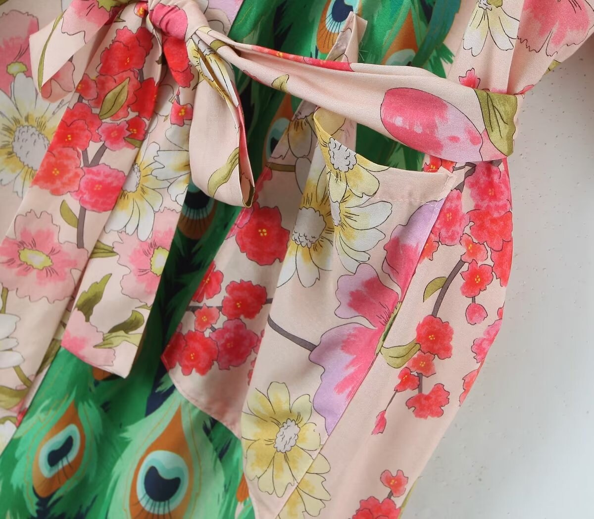 Cotton Kimono Vintage Cotton Peacock Flowers Print Kimono Sashes Women V Neck Batwing Sleeves Robe Kimono,Gift For Her